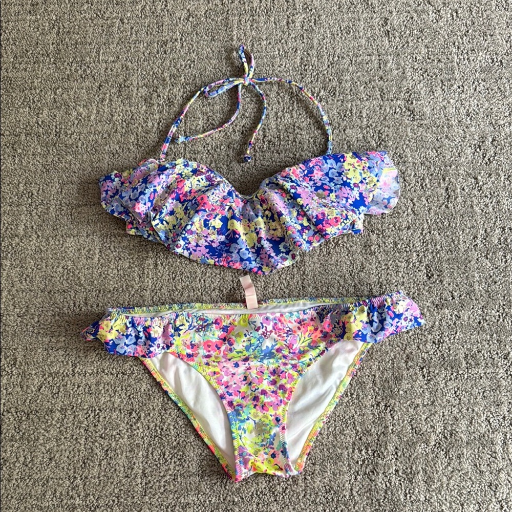 Victorias Secret Blue and Pink Floral Bikini with Ruffled Details